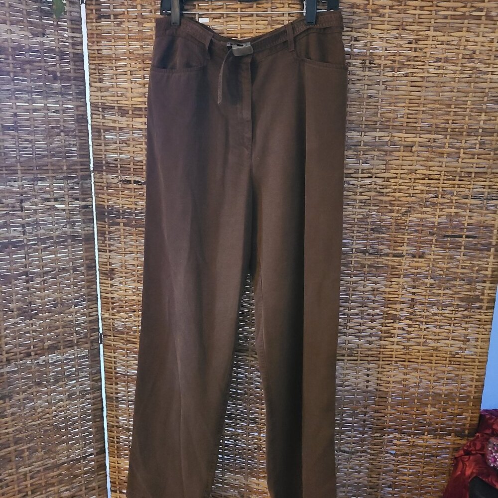 VTG Jones New York Sport Brown Wide Leg Pants Built in Belt 100% Tencel SZ 12
